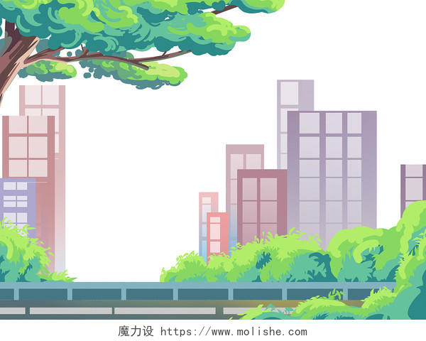 彩色手绘卡通城市建筑城市绿化草丛树木元素PNG素材